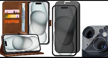 Hoesje geschikt voor iPhone 15 - Privacy Screenprotector FullGuard & Camera Lens Screen Protector - Book Case Kunstleer Pasjeshouder Bruin