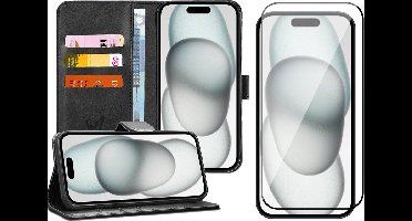 Hoesje geschikt voor iPhone 15 - Screen Protector FullGuard - Book Case Kunstleer Pasjeshouder Zwart & Screenprotector