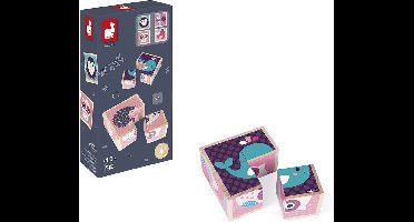 Janod - Mijn Eerste Houten Blokken - Baby Dieren - Bestaat Uit 4 Houten Blokken Met 6 Dieren Illustraties - Geschikt Vanaf 1 Jaar