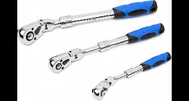 HBM 3-delige Professionele Uitschuifbare Ratelsleutelset met Kantelbare Koppen - Chromevanadium