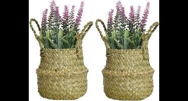 Everlands Lavendel kunstplant in rieten mand - 2x - lichtroze - D16 x H27 cm