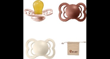 BIBS Supreme Fopspenen - Maat 2 6-18 maanden - Latex – Blush - Woodchuck – Ivory + Monkiezz speenzakje