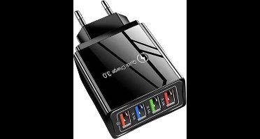 Zwarte USB snel lader/Quick Charger 3.0 - USB stekker - USB Lader - Oplader voor Smartphones en Tablets - Thuislader - Universele Adapter met 4 usb poorten - telefoonstekker