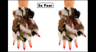 5x Paar vingerloze handschoen pluche camouflage - Feest festival thema feest party optocht themafeest