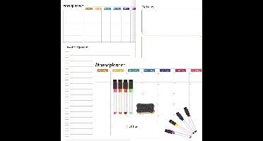 Weekplanner & Maandplanner Whiteboard Set - Familieplanner magnetisch - Inclusief Boodschappenlijst, Notitielijst, Markers & Wisser - A3 Formaat