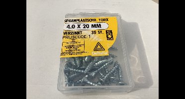 Hout schroef. 4.0 x 20 mm. lang. verzinkt. platte torx kop.35 stuks spaanplaat schroeven.deltafix.
