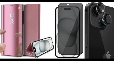 Hoesje geschikt voor iPhone 15 Plus - Privacy Screenprotector FullGuard & Camera Lens Screen Protector Zwart - Book Case Spiegel Roségoud