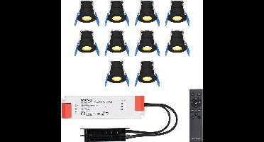 HOFTRONIC Milano - 10x Zwarte LED Inbouwspots - Traploos dimbaar met RF-afstandsbediening - Zwart - IP65 Waterdicht - 2700K Extra warm wit - 3W CREE LEDs 12V - Verandaverlichting - Plafondspotjes badkamer - Voor Veranda, Carport en Badkamer