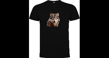 Zwart T-Shirt met “Kleurrijke Wolf – Imposant – Wild “ Print Full Color Maat L