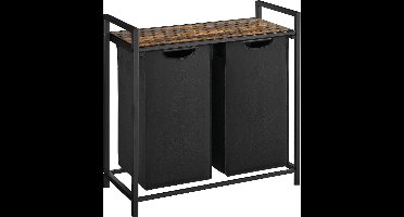 BRASQ Wasmand 2 vakken - Wassorteerder 76 Liter - Uitschuifbaar met Plank 73x33x71 cm - Wasbox Zwart Metaal - Bruin hout - Basket