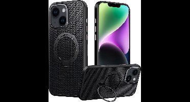 Hoesje geschikt voor iPhone 14 Magsafe hoesje met Carbon uitvoering - 360° Draaibare Magnetische Standaard - Back Cover Kickstand Ring – Zwart