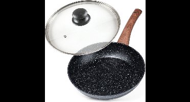 Koekenpan Graniet met Glazen Deksel BLACK&WOOD 24 cm - Multifunctionele Pan voor Vlees - Groenten