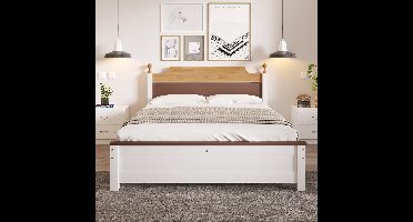 Gutent Eenpersoonsbed (Zonder matras), Houten bed, grenen bedframe, Jeugdbed, MDF, Geblokte kleuren, Wit, 140x200 cm