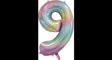Folieballon cijfer 9 regenboog pastel, 86cm