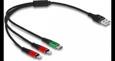 USB oplaadkabel 3 in 1 Type A tot 2 x Lightning / USB Type C 30 cm