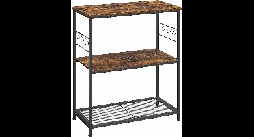 Halluin Keukenrek - keukenrek met haken - keukenplank - keukenkast - magnetronplank - keukeneiland - staande plank - metalen frame - 3 planken - open - 6 haken - multifunctioneel rek - industrieel ontwerp - vintage bruin zwart