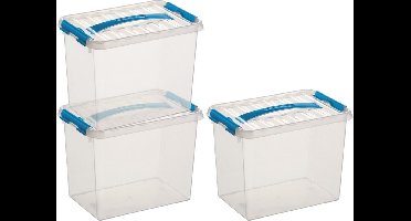 3x sunware q-line opberg box/opbergdoos - 9 liter - 30 x 20 x 22 cm - kunststof - opslagbox - transparant/blauw