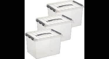 3x sunware q-line opberg box/opbergdoos - 22 liter - 40 x 30 x 26 cm - kunststof - opslagbox - transparant/zilver
