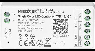 Mi-Light Mi-Boxer - (FUT036W) - Single Color LED controller (WiFi) - Voor besturing van een Single Color LED strip - Bediening via app zonder tussenkomst van WL-BOX1 - Ook te bedienen met Mi-Boxer afstandsbediening, niet inbegrepen