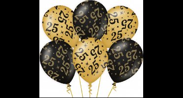 Ballonnen 25 jaar - 6x stuks - zwart/goud - leeftijd - 30 cm - versiering - verjaardag - feestartikelen