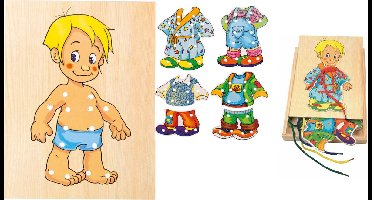 Woody Aankleed Jongenspuzzel Set | Rijgen | Motorische Ontwikkeling Speelgoed | Educatieve Speelgoed | Kleding Herkennen Speelgoed | Aankleed set Speelgoed | Rijgen Met Kledingstukken Jongens | Leerspel | Kledingset