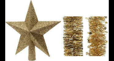 Kerstversiering kunststof glitter ster piek 19 cm en folieslingers pakket goud van 3x stuks - Kerstboomversiering