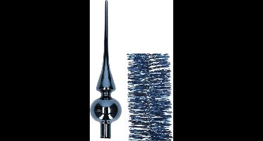 Kerstversiering glazen piek glans 26 cm en folieslingers pakket donkerblauw van 3x stuks - Kerstboomversiering