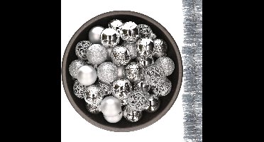 Decoris Kerstballen - 37 ST - 6 cm - en 2 ST kerstslingers - zilver - kunststof