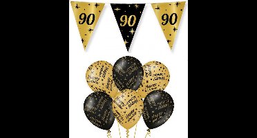90 jaar verjaardag versiering pakket zwart/goud vlaggetjes/ballonnen