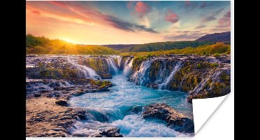 Poster Waterval - Planten - Mos - Landschap - Zonsondergang - Rots - 30x20 cm - Kerstversiering - Kerstdecoratie voor binnen - Kerstmis