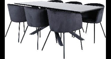 PiazzaBLBL eethoek eetkamertafel zwart en 6 Berit eetkamerstal velours zwart.