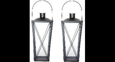 Set van 2x stuks flancy flames windlicht- zilver - ijzer - 20 x 20 x 40 cm - tuinverlichting - kaarsenhouders - lantaarns