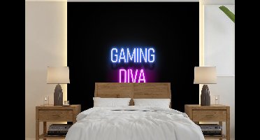 Behang - Fotobehang Gaming - Quotes - Neon - Gaming diva - Vrouwen - Breedte 220 cm x hoogte 220 cm