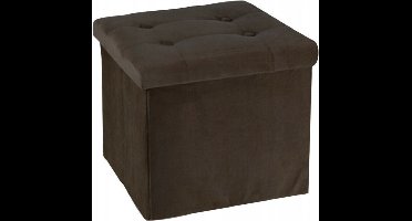 H&S Collection Poef/hocker/krukje - opbergbox - donkerbruin - fluweel polyester - 38 x 38 cm