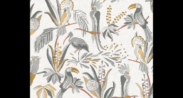 BLADEREN EN VOGELS BEHANG | Jungle - grijs geel rood - A.S. Création House of Turnowsky