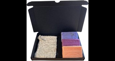 Soap bar set - zeep savon de marseille Lavendel scrub, patchouli, sinaasappelbloesem 3x125 gr. + zeepzakje