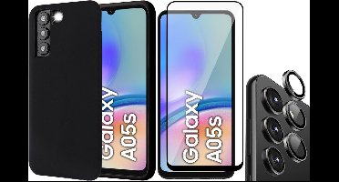 Hoesje geschikt voor Samsung Galaxy A05s - Screenprotector Volledig Dekkend Glas & Camera Protector - Mat Back Case Zwart