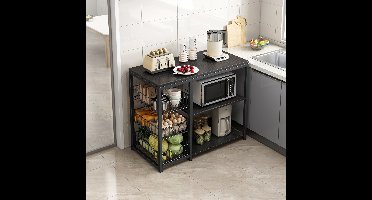 Velox Goods VL‑524 Keukeneiland – Staand Keukenrek met 3 Stevige Planken & Werkblad – Magnetronkast – Organizer voor Groente, Fruit & Keukenapparaten – Zwart – Metaal & Houtlook