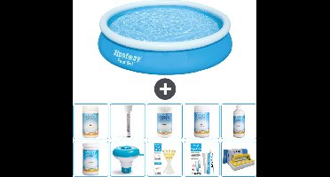 Bestway Rond Opblaasbaar Fast Set Zwembad - 366 x 76 cm - Blauw - Inclusief Chloor - Chloordrijver - Testrips - Reparatiesetje - Scrubborstel - PH-min - PH-plus - Thermometer - Algen - Chloor