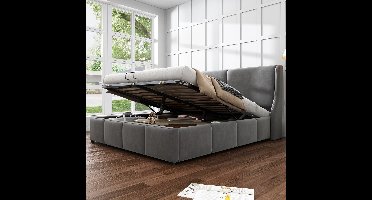 Queen size platform bedframe met vleugelkussen hoofdeinde-oorvorm gestoffeerd bed, tweepersoonsbed hydraulisch functiebed met opbergruimte - 140 x 200cm grijs