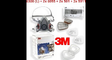 3M origineel 6300 half gelaatsmasker maat L + 6055 x2 (Gas- en Dampfilter A2) + 5911 x2 + 501 x2 -compleet-zach-lichtgewicht-comfort tijdens langere gebruiksduur- V-vormige ophanging