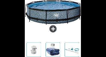 EXIT Rond Stone Frame Zwembad - 360 x 76 cm - Inclusief Pomp - Solarzeil - Schoonmaakset - Nu extra voordelig