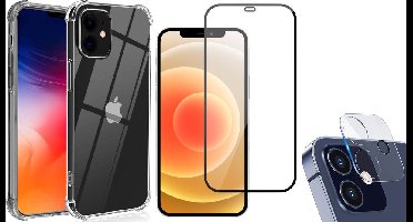 Hoesje geschikt voor iPhone 12 Mini - Transparant Siliconen Shockproof Case + Screen Protector Glas Full + Camera Lens Protector