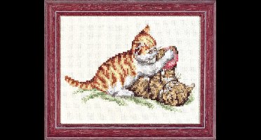 Pako Borduurpakket met telpatroon - spelende poesjes - 210.819 - voorgesorteerd garen - Aida ivoor - 13 x 17 cm - DIY kit