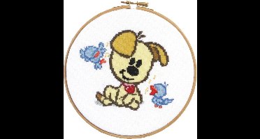 Pako Borduurpakket - telpatroon - Woezel & Pip kids Pip met vogeltjes - 271.050 - voorgesorteerd garen - Aida - 17 cm Rond - DIY kit