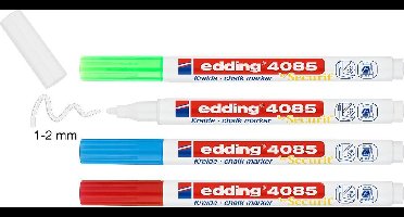edding 4085 krijtmarker - wit, groen, rood, blauw - 4 raamstiften - ronde punt 1-2 mm - raamstiften voor borden, ruiten, glas, spiegels - krijtstift voor ramen zijn afwasbaar en uitwisbaar