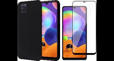 Hoesje geschikt voor Samsung A31 - Siliconen Case Zwart + Screen Protector Full