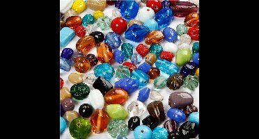 Glaskralen, afm 7-18 mm, gatgrootte 1 mm, ca. 600 stuk, diverse kleuren, 1000 gr