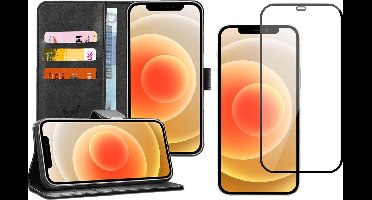 Hoesje geschikt voor iPhone 12 Mini - Zwart Book Cover Kunstleer Wallet + Screenprotector Glas FullGuard