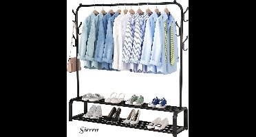 Sierra Industrieel Kledingrek Enkele Stang - Metaal - 110x33x155 CM - Zwart - Opbergruimte Voor Schoenen - Garderoberek Met Haken